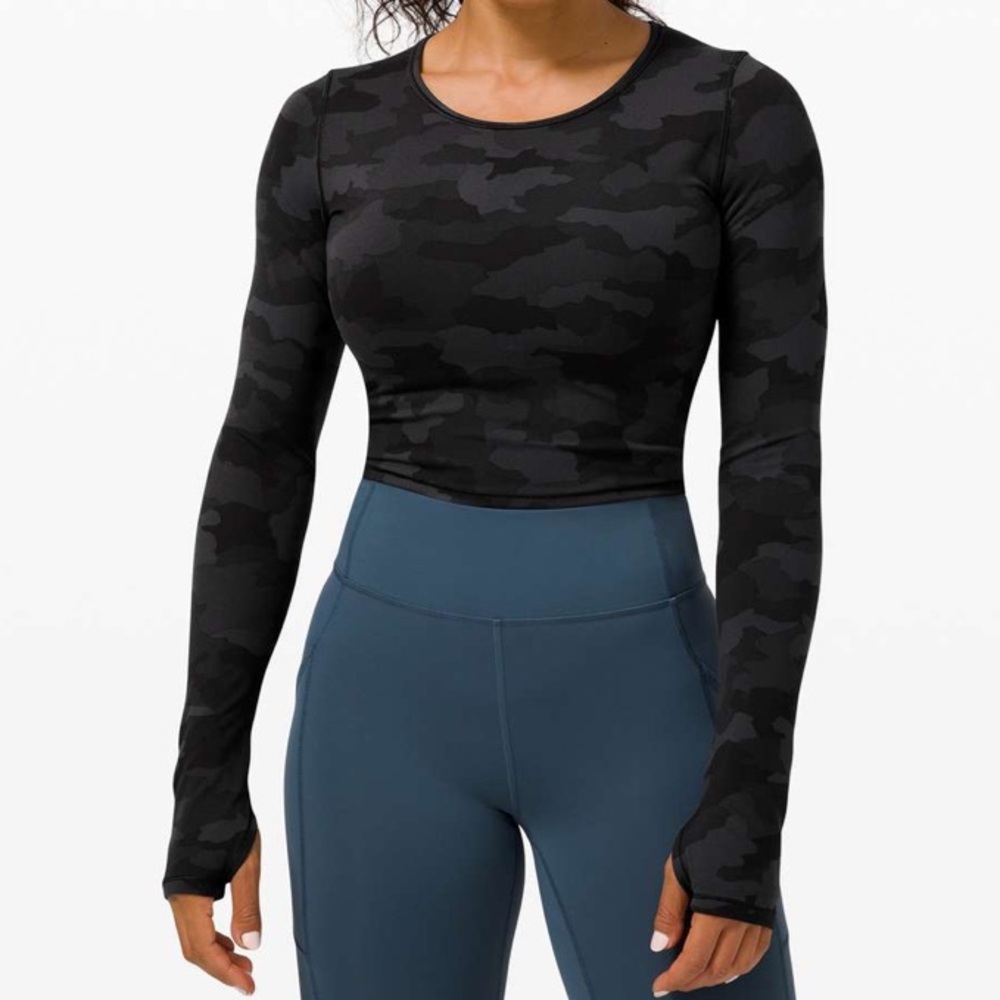 Lululemon Wunder Train Cropped Long Sleeve in Heritage 365 Camo Deep Coal Multi